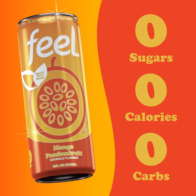 FEEL Zero Sugar Natural Energy Drink – Mango Passionfruit 140mg Plant-Based Caffeine with L-Theanine for Focus Vitamin C for Immunity Vegan Non-GMO No Artificial Sweeteners 12 Fl Oz Cans (12-Pac