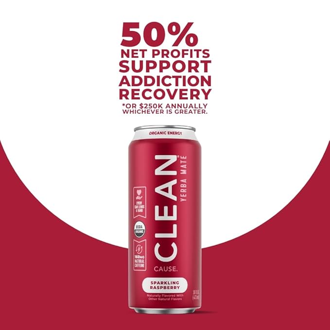 CLEAN Cause Low Calorie Raspberry and Blackberry USDA Organic Sparkling Yerba Mate Tea (16oz cans 2-12-Pack Case) Low Sugar 160mg Caffeine Healthy Alternative to Soda &amp Energy Drinks.
