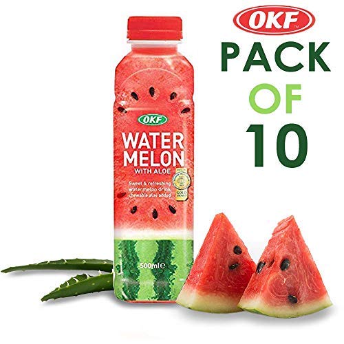 OKF Watermelon with Aloe Vera Drink Sweet and Refreshing W/Chewable Aloe added. Real Watermelon Juice and Real Aloe Vera Gel Added 16.9 Fluid Ounce (Pack OF 10)
