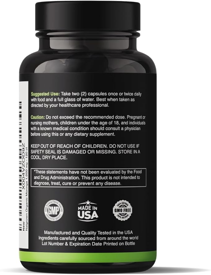 Natgrown Organic Moringa Capsules 1000 mg - Pure Moringa Leaf Powder - Green Superfood Supplement - Vegan Gluten-Free - 120 Capsules