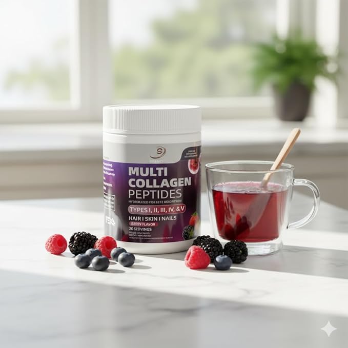Multi Collagen Peptides Supplement Berry Flavor Types I II III IV V Hair Skin Nails Support 30 Servings