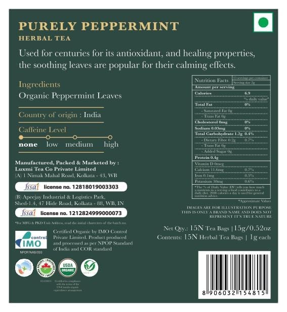 Luxmi Estates Organic Purely Peppermint 50 Tea Bags (100g/3.5oz) Pack | Caffeine Free | Biodegradable Tea Bags