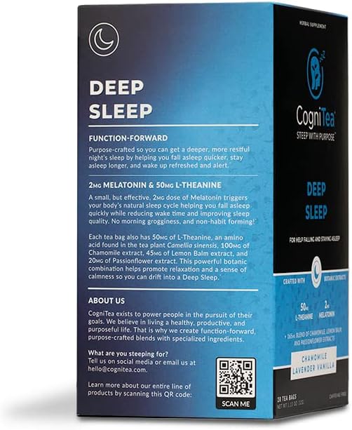 CogniTea Deep Sleep Tea 2mg Melatonin and 50mg L-Theanine for Deep Sleep with Valerian Chamomile Lemon Balm and Passion flower Extra Strength Sleepy for Night Time Rest and Relaxation