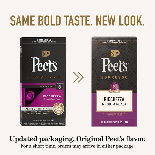 Peet's Coffee Medium Roast Espresso Capsules Compatible with Nespresso Original Machine 100% Arabica Coffee - Ricchezza Intensity 8 50 Count (5 Boxes of 10 Espresso Capsules)