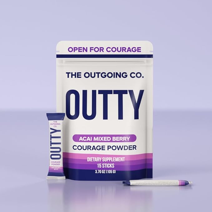 OUTTY Courage Powder Social Energy &amp Mood Support Drink Mix With Taurine L-Theanine &amp Oroxylin A Stress Relief Mental Clarity &amp Alcohol Alternative Acai Mixed Berry (15 Stick Packs)
