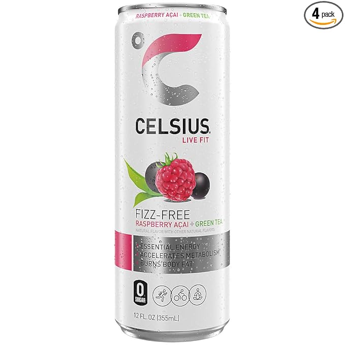 CELSIUS Raspberry Acai Green Tea Functional Essential Energy Drink 12 Fl Oz (Pack of 4)