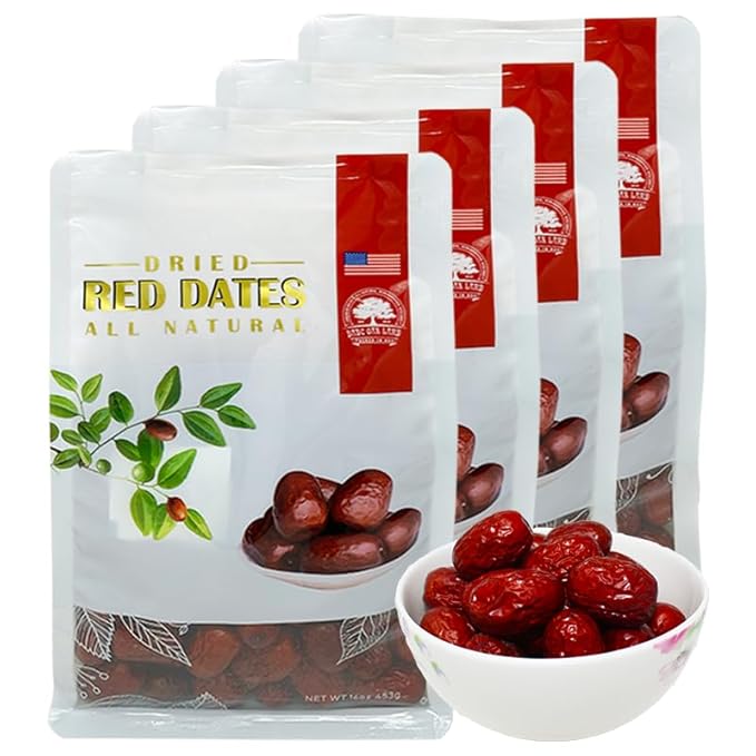 4 Pound DABC OAK LAND Premium Jujube Red Dates 100% Natural Red Date (Hong Zao) High Vitamins High Nutrition Health Snack Selected Dried Fruit Big &amp Delicious Packed in USA 特级红枣 1LB/ 4 Bags