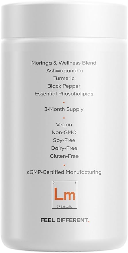 Codeage Liposomal Moringa+ Supplement 400mg Moringa 50:1 Extract - Turmeric Ashwagandha Black Pepper 3-Month Supply Vegan Moringa Powder - 180 Capsules
