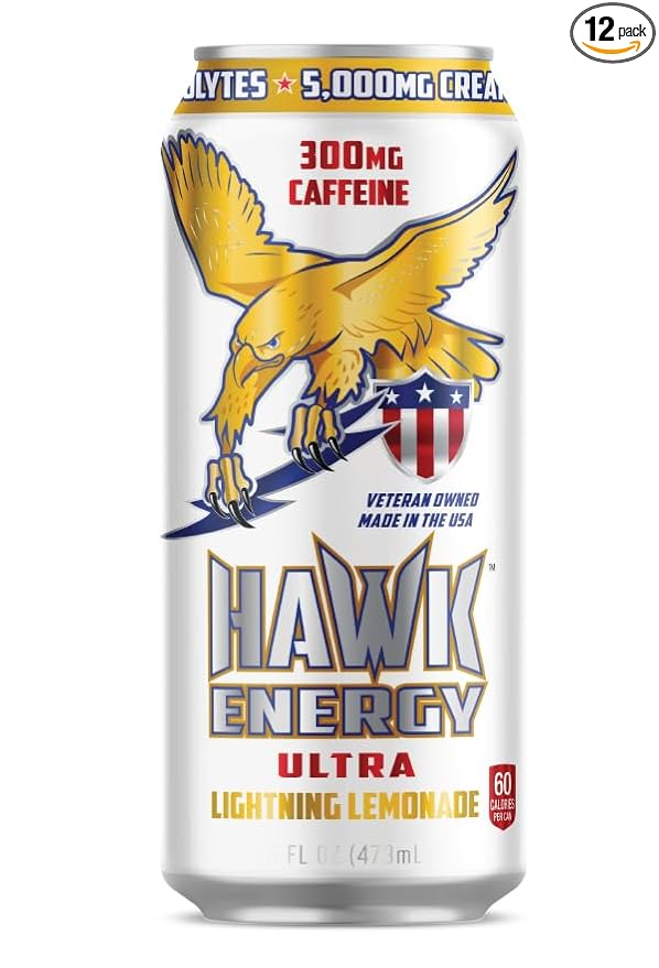 HAWK ENERGY ULTRA - Premium Sugar Free Energy Drink - 12 Pack - LIGHTNING LEMONADE - Focus and Power - 5000mg Creatine 300mg Caffeine BCAA's B6/B12 Taurine and L-Carnitine 100% Veteran Owned and