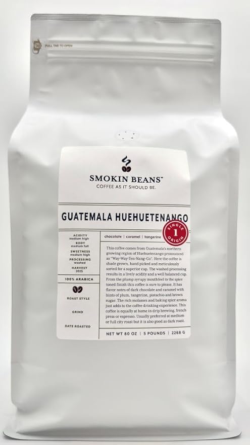 Smokin Beans 5-Pound Guatemala Huehuetenango Freshly Roasted Coffee Washed Processing Full City Roast Premium Whole Bean Specialty Coffee