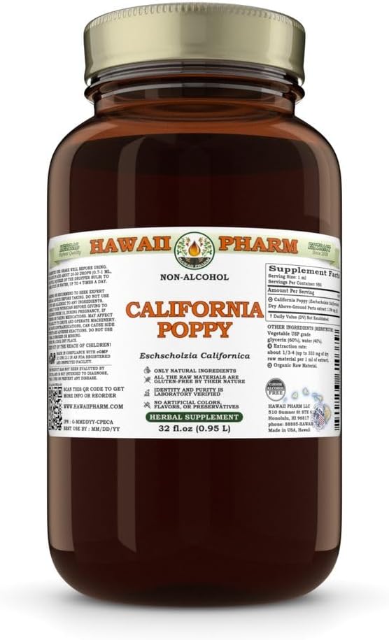 Hawaii Pharm California Poppy Alcohol-Free Extract Glycerite for Calming Nervous System Promotes Relaxation Supports Sleep Eases Tension - 32 fl.oz