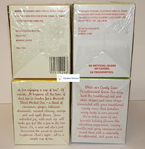 Trader Joe's2 Harvest Blend Herbal Tea Caffeine Free &amp Candy Cane Green Tea Decaffeinated 20 Tea Bags (Four Boxes)