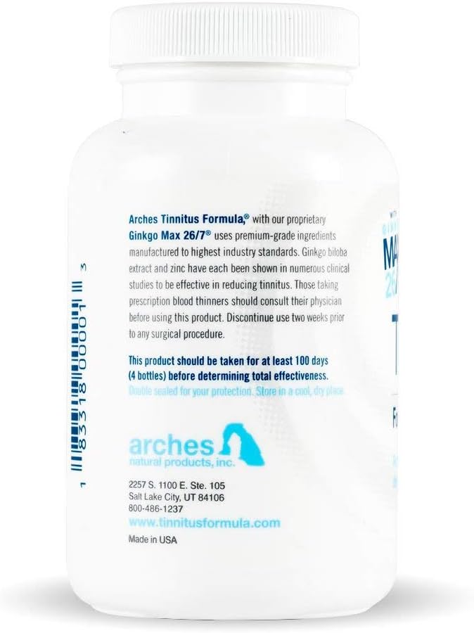 Arches Tinnitus Formula - Now with Ginkgo Max 26/7 - Natural Tinnitus Treatment for Relief from Ringing Ears - 100 Count Bottle - 25 Day Supply Ginkgo biloba extract zinc picolinate deodorized garl
