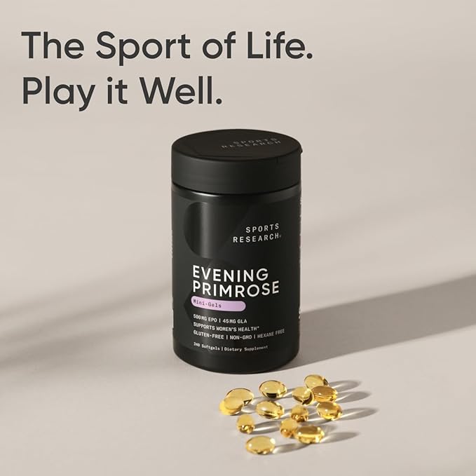 Sports Research Evening Primrose Oil (500mg) Cold-Pressed with No fillers or Artificial Ingredients Non-GMO Tested - Gluten &amp Soy Free (240 Liquid Softgels) (Pack of 2)