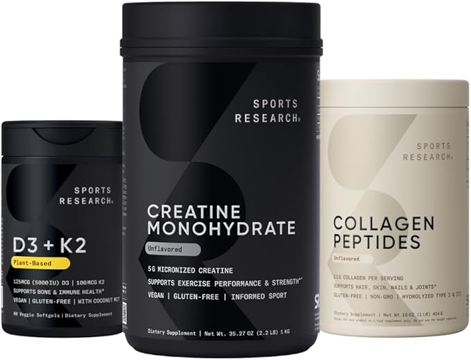 Sports Research® Supplements Pack - Creatine Monohydrate + Vegan D3 5000iu with Vitamin K2 100mg + Collagen Peptides for Women &amp Men