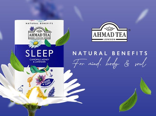 Ahmad Tea Herbal Tea Camomile Honey &amp Lavender 'Sleep' Natural Benefits Teabags 20 ct (Pack of 6) - Decaffeinated &amp Sugar-Free