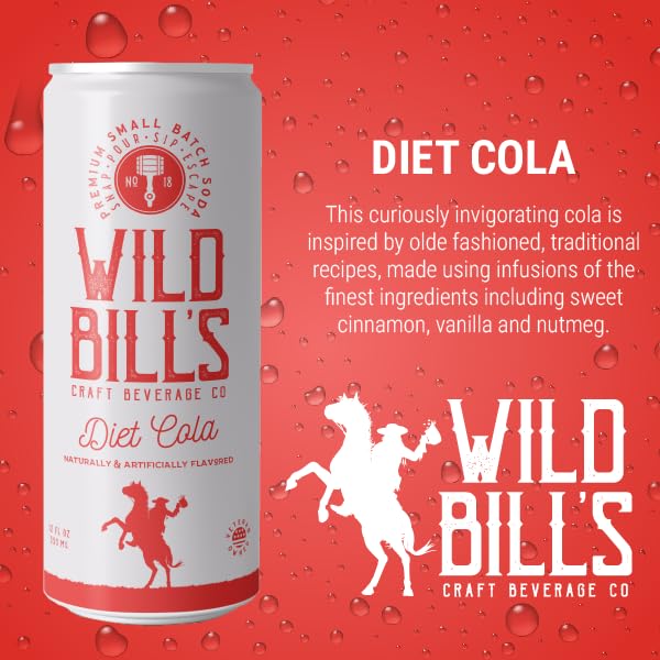 Wild Bill's Diet Cola Soda Classic Craft Soda Pop Soft Drinks Sodas Made with Pure Cane Sugar Caffeine Free NO High Fructose Corn Syrup Gluten Free Vegan Low Sodium 12 Oz 12 Pack