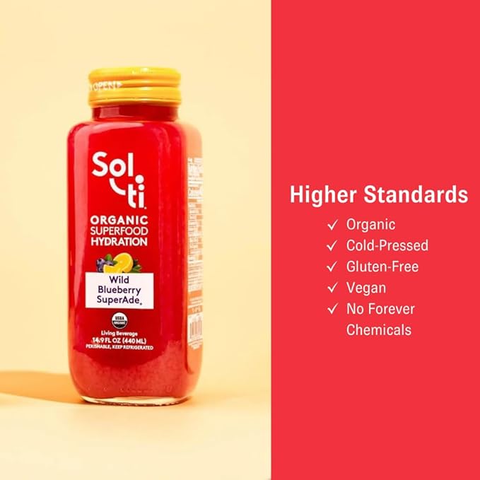 Organic SuperAde Hydration Drink with Powerful Anti-Oxidants SuperFood Lemonade by Sol-ti Cold-Pressed Wild Blueberry and Lemon Juice Blend 16 Pack (14.9 Fl oz)