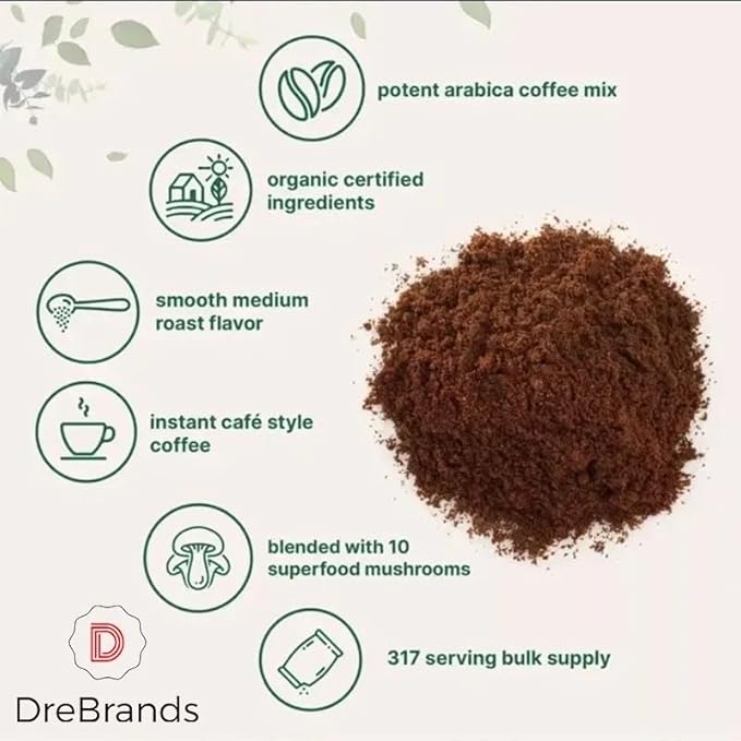 DreBrands Mushroom Coffee |10 in 1 Organic Mushrooms | USDA Organic | Instant Coffee | Wood Ear | Better Energy Focus Digestion Immunity | Shiitake Lion’s Mane Turkey Tail | 15 Servings