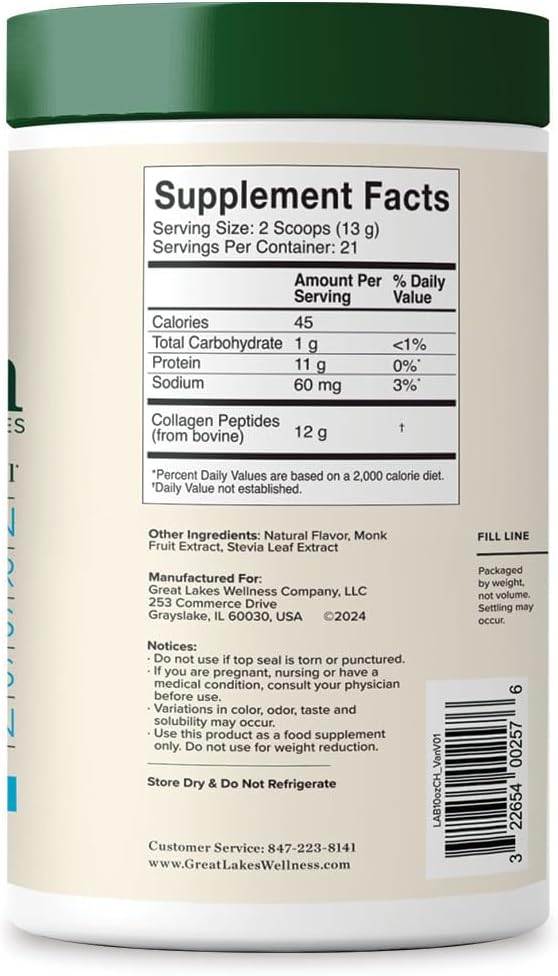 Great Lakes Wellness Collagen Peptides Powder for Skin Hair Nails Joints &amp Digestion - Vanilla Flavored - Quick Dissolve Hydrolyzed Non-GMO Kosher - 10 oz