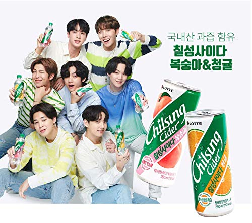 Lotte BTS Chilsung Cider Original/Green Tangerine/Peach (250mlX6) (Original PACK OF 2)