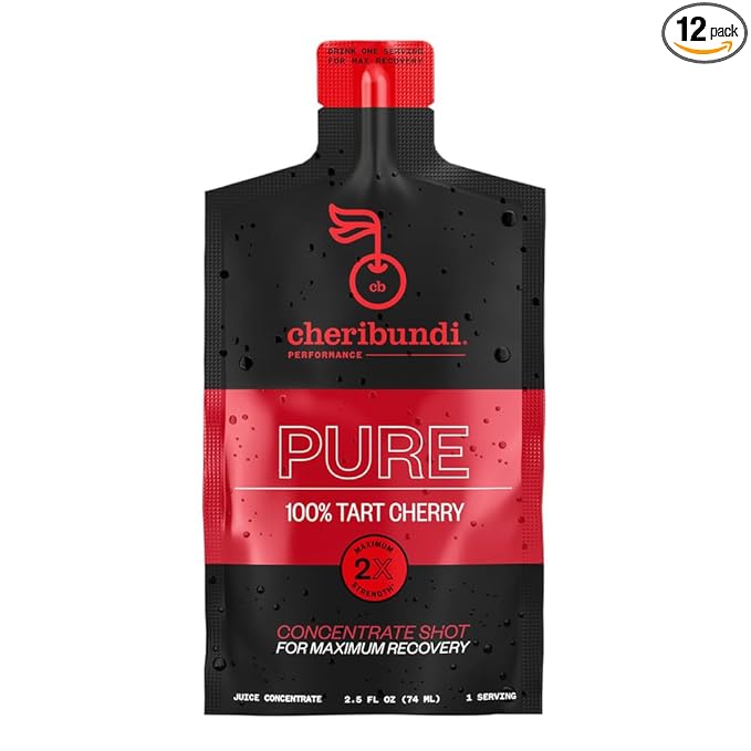 Cheribundi | 100% Tart Cherry Juice Pure Concentrate Grab &amp Go | 2.5 Fluid Ounce Pouch for Maximum Recovery with 40 Tart Cherries | 100 Calories 0 Preservatives Non-GMO | 2.5 floz (Pack of 12)