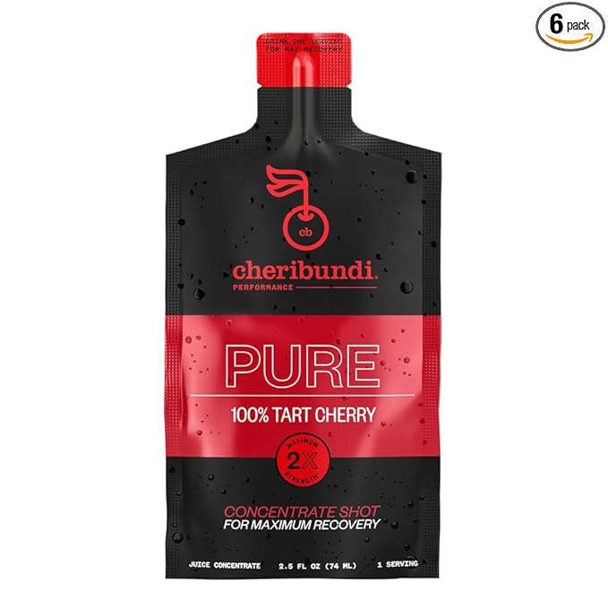 Cheribundi | 100% Tart Cherry Juice Pure Concentrate Grab &amp Go | 2.5 Fluid Ounce Pouch for Maximum Recovery with 40 Tart Cherries | 100 Calories 0 Preservatives Non-GMO | 2.5 floz (Pack of 6)