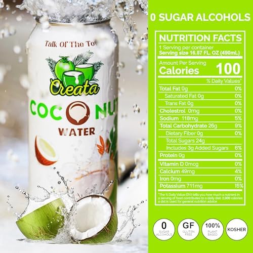 Coconut Water Bulk 99% Pure 16.57 Fl Oz - Pack of 12 Nutrient-Rich and Fresh | Low Sugar &amp Calories | Pure Coconut Water with Electrolytes by Creata