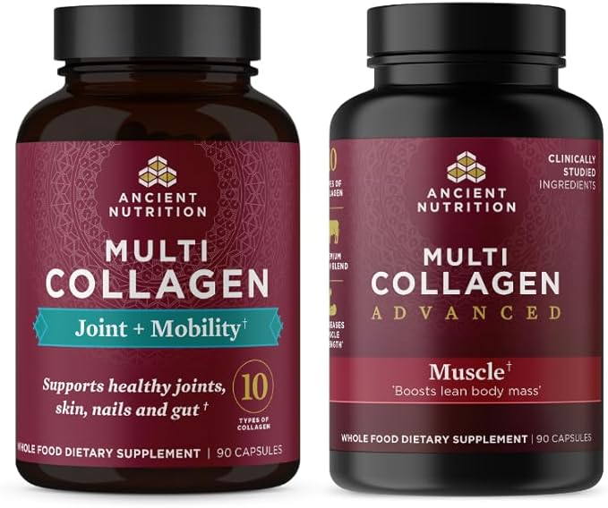 Ancient Nutrition Multi Collagen Peptides Capsules Joint &amp Mobility 45 Count + Multi Collagen Advanced Capsules Muscle 90 Count