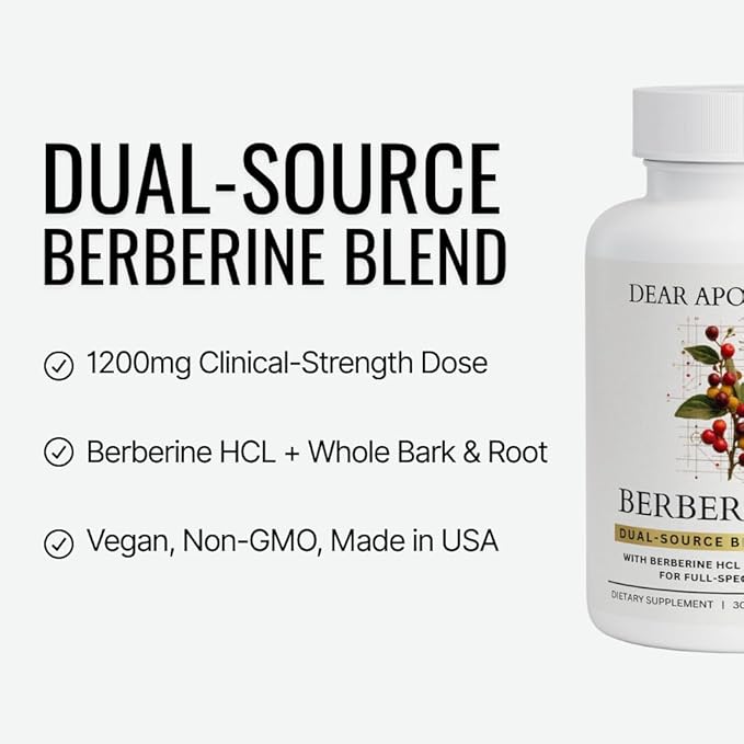 Berberine HCl 1200mg Supplement - Dual Source Bark &amp Root Extract - Berberis Aristata - USA Grown Botanical Extract - Vegan Non-GMO Gluten-Free Capsules - 60 Count