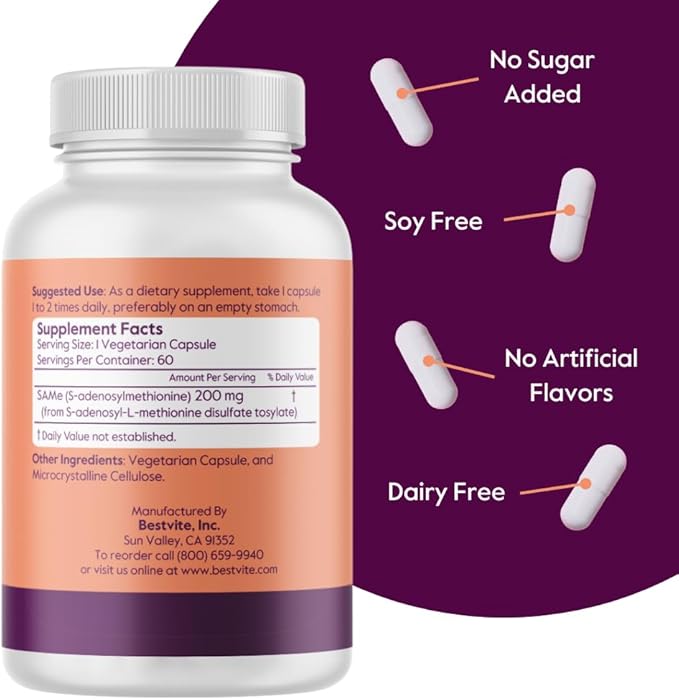 BESTVITE SAM-e 200mg Stabilized (60 Vegetarian Capsules) - Easy to Swallow Capsule Form - No Enteric Coat Needed - No Titanium Dioxide - No Stearates - Vegan - Non GMO - Gluten Free