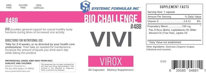 Systemic Formulas Bio Challenge #488 VIVI Virox - 30 Capsules. Powerful Immune Support Blend with PAU D’Arco Leptotaenia Oil (Lomatium dissectum) Bitter Almond Oil Jojoba Oil and Vitamin E.