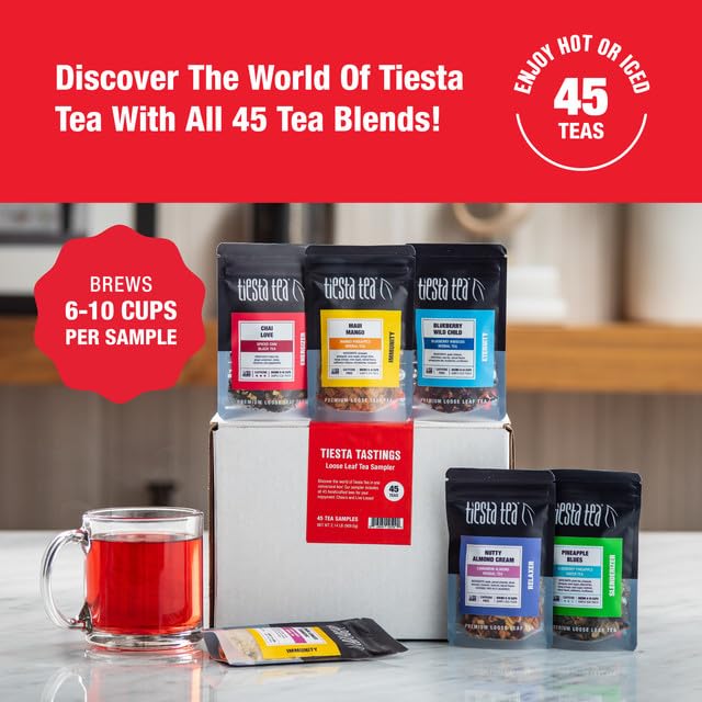 Tiesta Tea - Tiesta Tastings Sampler Dry Flight Set Loose Leaf High to No Caffeine Makes Hot and Iced Assorted Tea Sets with Herbal Chai Fruit Blend &amp More 45 Resealable Sample Pouches