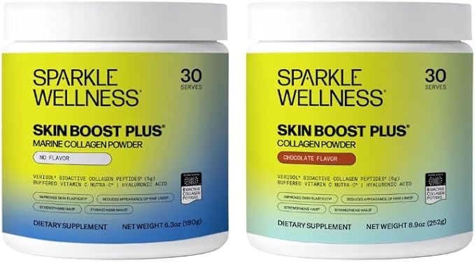 Sparkle Wellness Skin Boost Plus (Chocolate) [30-Serves] and Marine (No Flavor) [30-Serves] | VERISOL Bioactive Hydrolyzed Collagen Peptides to Improve Skin Hair &amp Nail Health