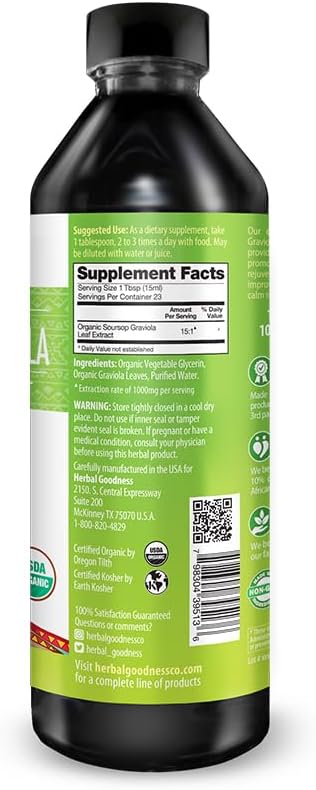 Herbal Goodness Soursop Graviola Liquid Drops 12 Fl Oz - 15X Strength Organic Guanábana Soursop Leaves Extract for Gut Health Cell &amp Immune Support Serene Soursop Drops - Vegan Non-GMO Made in