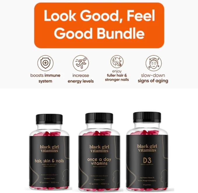Black Girl Vitamins Look Good Feel Good Bundle – Hair Skin &amp Nails Vitamin D3 2000IU &amp Once a Day Multivitamin - Women's Supplement Bundle – Energy Immunity &amp Beauty Support