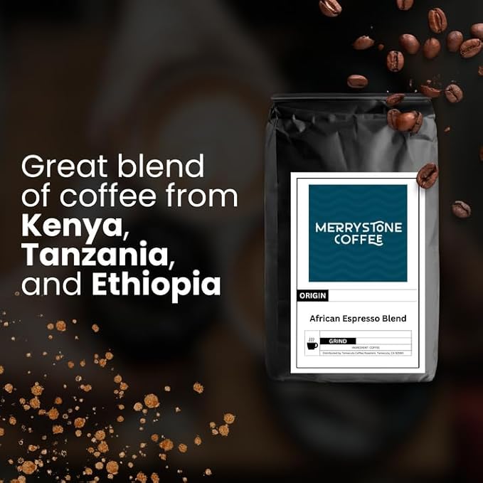 Merrystone Coffee African Espresso Blend | ROASTED TO ORDER Medium-Dark Roast COARSE GROUND | 12 LB Bag | Citrus Zest &amp Dark Chocolate Flavor | Ethiopian Rwandan &amp Kenyan Peaberry Coffee