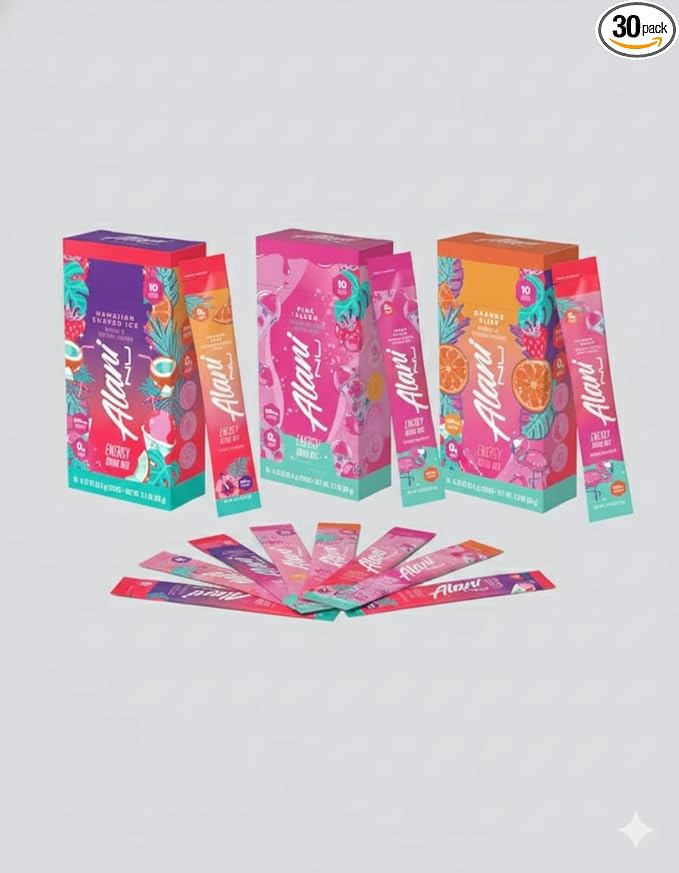 Alani Energy Drinks Mix Variety Pack (Pack of 30) | Hawaiiian Shaved Ice Pink Slush &amp Orange Kiss | Sugar-Free Low-Calorie Energy Boost Drink | Product delivered exactly as depicted in the imag