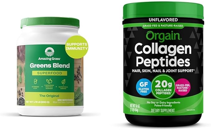 Amazing Grass Greens Superfood Blend with Organic Spirulina Digestive Enzymes - 100 Servings &amp Orgain Hydrolyzed Collagen Peptides Powder 20g Grass Fed Collagen - Hair Skin Nail &amp Joint
