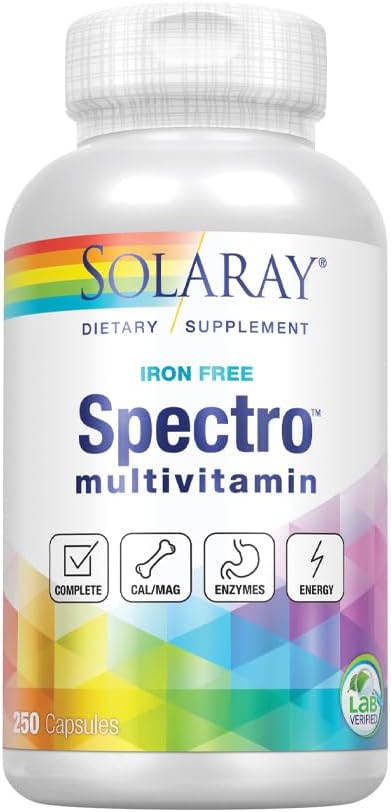 SOLARAY Spectro Multivitamin Iron Free - Multi Vitamin w/Calcium Magnesium Energizing Greens Digestive Enzymes - Digestion Cellular Energy Bone Health Immune Support 41 Servings 250 Capsules