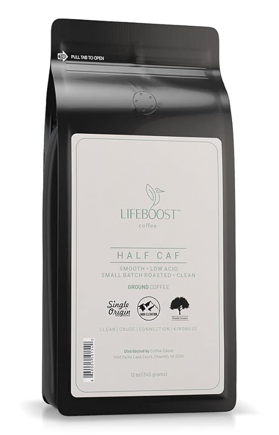 Lifeboost Coffee Half Caff Ground Coffee - Low Acid Single Origin USDA Organic Coffee - Non-GMO Ground Coffee Third Party Tested For Mycotoxins &amp Pesticides - 12 Ounces