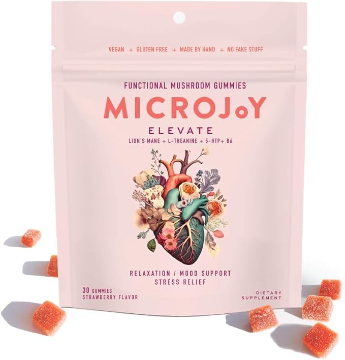 Microjoy Elevate – Mood Support Relaxation &amp Stress Relief Gummies – with L-Theanine Lion’s Mane 5-HTP &amp B6 – Vegan Non-GMO – 30ct – Strawberry