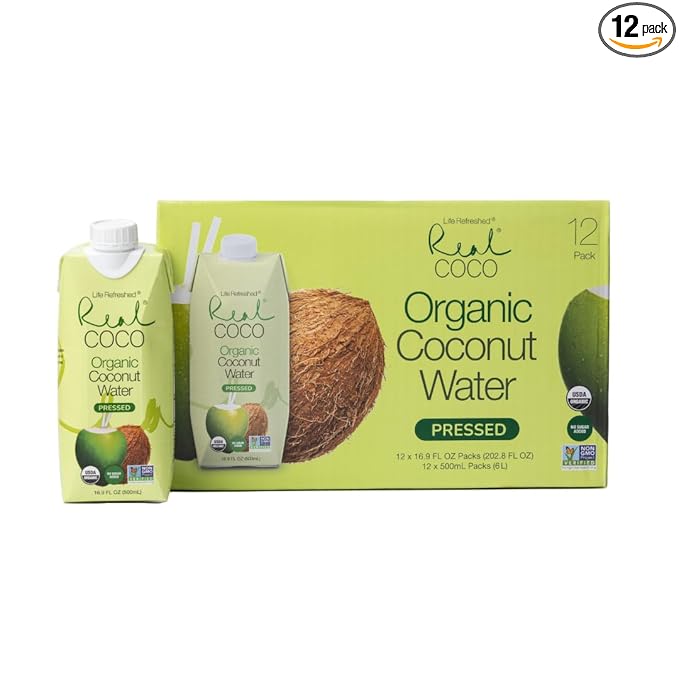 Real Coco Organic Pressed Coconut Water (12-Pack 500mL) USDA Organic No Sugar Added Essential Electrolytes Plant Based NON GMO Dairy &amp Soy Free