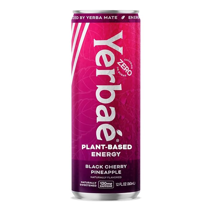 Yerbaé Energy Beverage Black Cherry Pineapple 120mg Caffeine. No Sugar/Calories/Carbs Energized by Yerba Mate Plant-Based Healthy Alternative to Sugary Drinks Pack of 12 12oz cans
