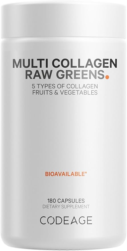 Codeage Multi Collagen Protein + Organic Raw Greens Superfood Capsules Supplement 21 Fruits &amp Veggies Grass-Fed Hydrolyzed Collagen Peptides 5 Types All-in-One 180 Count