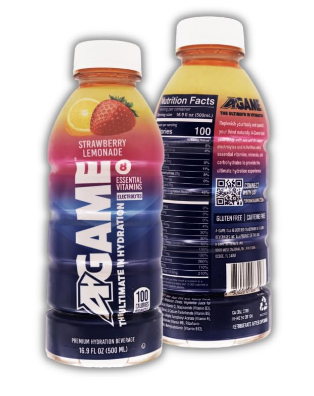 A-GAME Sports Drink Strawberry Lemonade The Ultimate Hydration Sports Beverage for Athletes 8 Essential Vitamins including B C &amp E plus Natural Sea Salt Electrolytes All Natural Flavors &amp