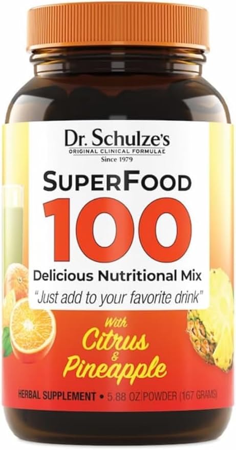 Dr. Schulze's Superfood 100 - Everyday Superfood Supplement to Support Overall Wellness - Multivitamin for Nutrition &amp Energy - Gluten &amp Dairy-Free - Citrus Pineapple Flavor Powder - 30 Servin