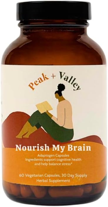 Peak + Valley Nootropic Brain Support Supplement for Memory &amp Focus with Lion's Mane Mushroom &amp Ashwagandha - 60 Ct Adaptogen Capsules - Adults/Seniors - Cognitive Brain Fog Energy Formula