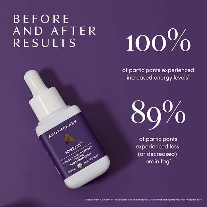 Apothékary Mindcraft Supports Focus Cognition Longevity and Anti-Aging Fast-Acting Herbal Liquid Drops with Lion’s Mane and Cordyceps Certified Organic Made in USA 1 fl oz 30 Servings