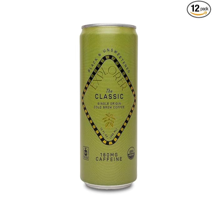 Explorer Classic Ready-to-Drink Organic Cold Brew Coffee with 180 mg of Caffeine per Serving Black Unsweetened and Fair Trade 12 fl oz (Pack of 12)